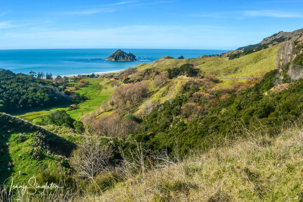 View driving into Anaura Bay, East Cape, New Zealand
