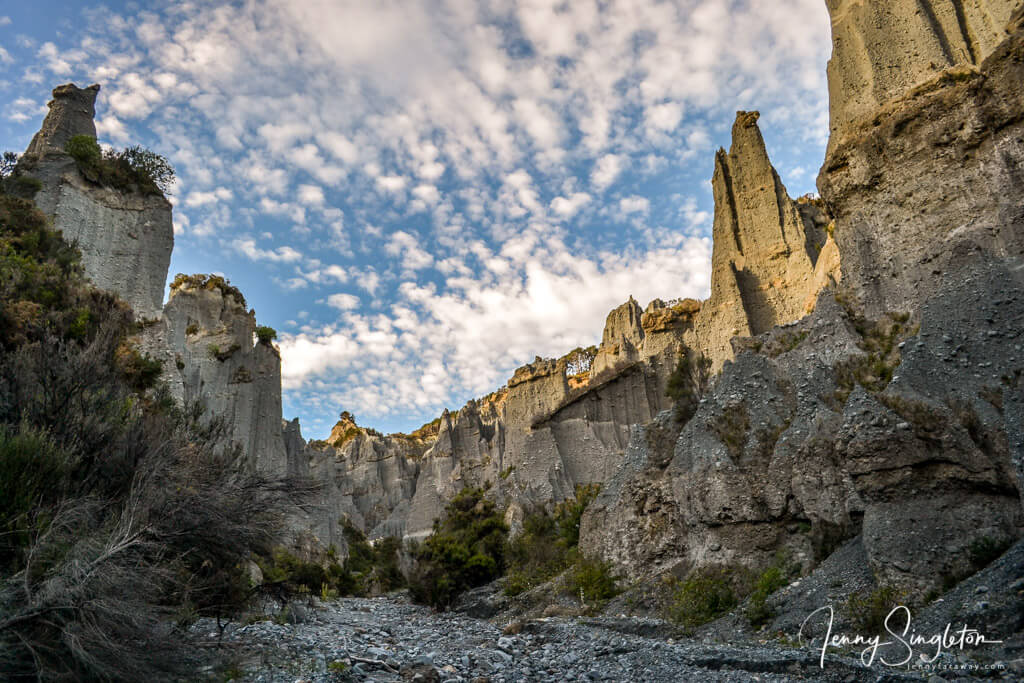 A view up the valley into an amphitheatre of the Putangirua Pinnacles.
