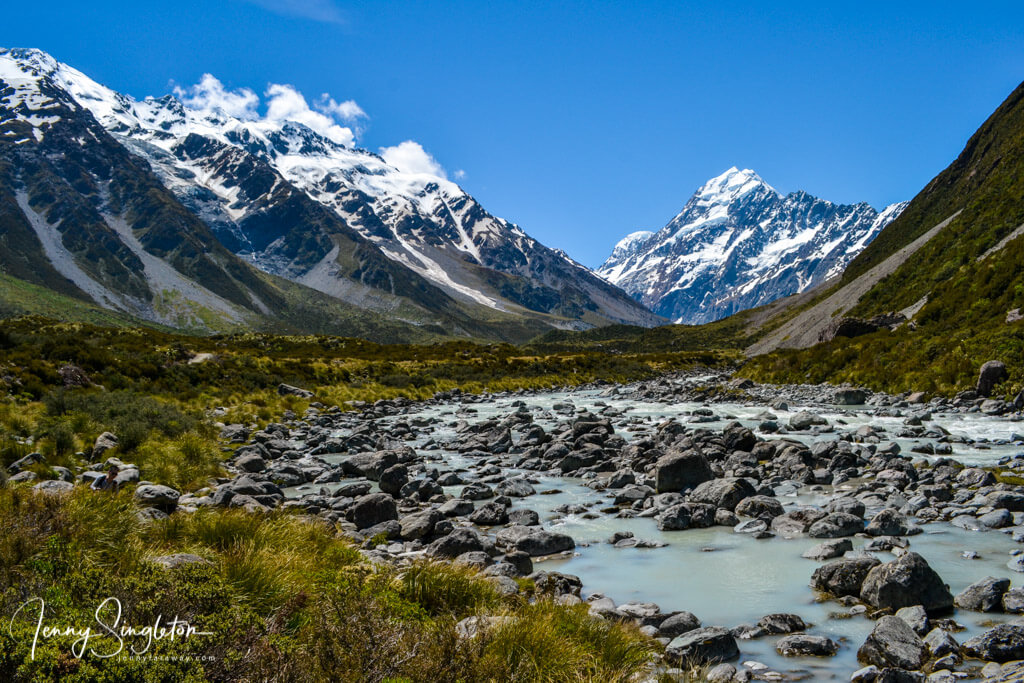 Looking towards Mount Cook/Aoraki up the Hooker River Valley.