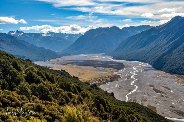 Bealey Spur Track, Arthur’s Pass, New Zealand Views of forest, mountains, and the Waimakariri River running through the valley, from the Bealey Spur Track.