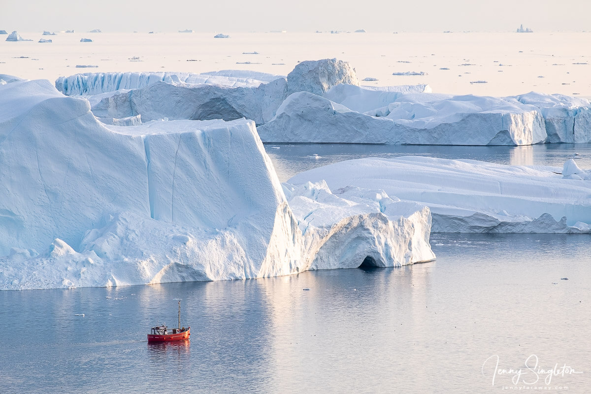 A red tourist boat floats in front of enormous icebergs near the entrance of Ilulissat Icefjord, Greenland