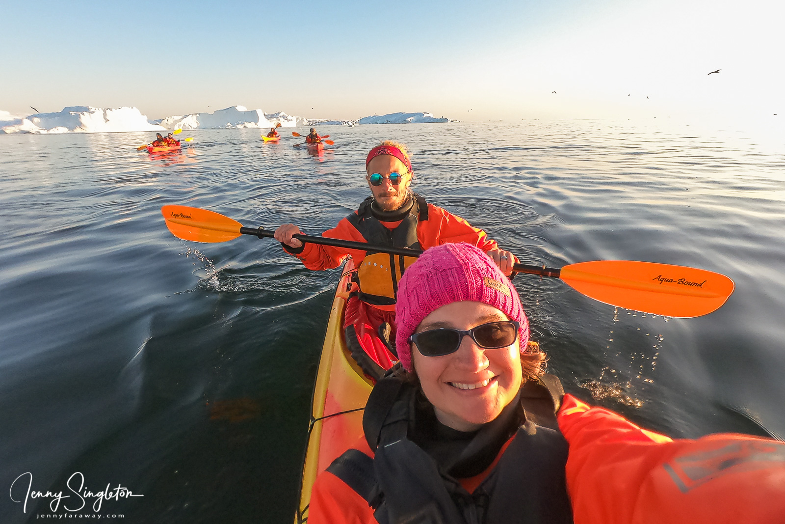 A selfie of me (front) and my kayak partner in front of the Ilulissat Icefjord.